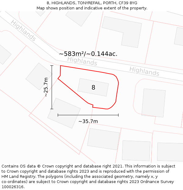 8, HIGHLANDS, TONYREFAIL, PORTH, CF39 8YG: Plot and title map