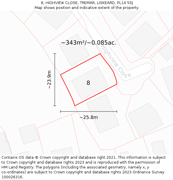 8, HIGHVIEW CLOSE, TREMAR, LISKEARD, PL14 5SJ: Plot and title map
