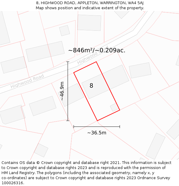 8, HIGHWOOD ROAD, APPLETON, WARRINGTON, WA4 5AJ: Plot and title map
