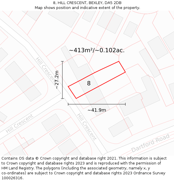 8, HILL CRESCENT, BEXLEY, DA5 2DB: Plot and title map