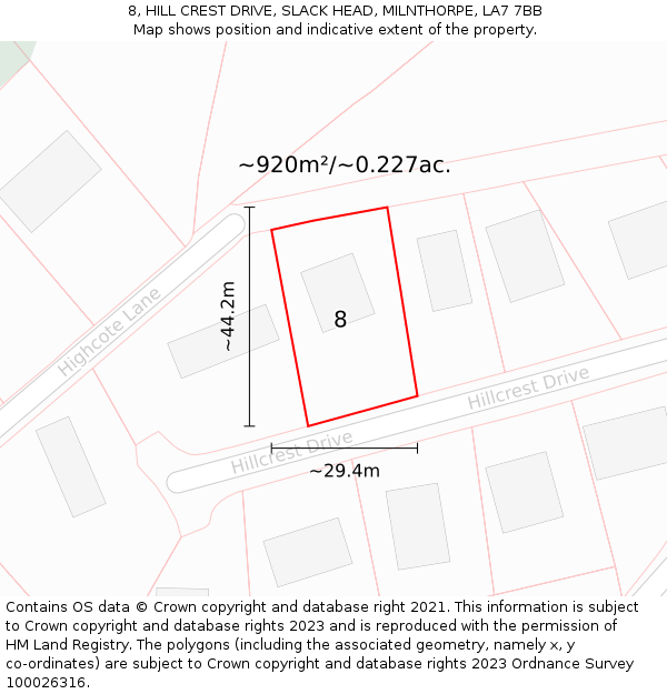 8, HILL CREST DRIVE, SLACK HEAD, MILNTHORPE, LA7 7BB: Plot and title map