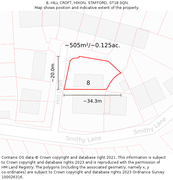 8, HILL CROFT, HIXON, STAFFORD, ST18 0QN: Plot and title map
