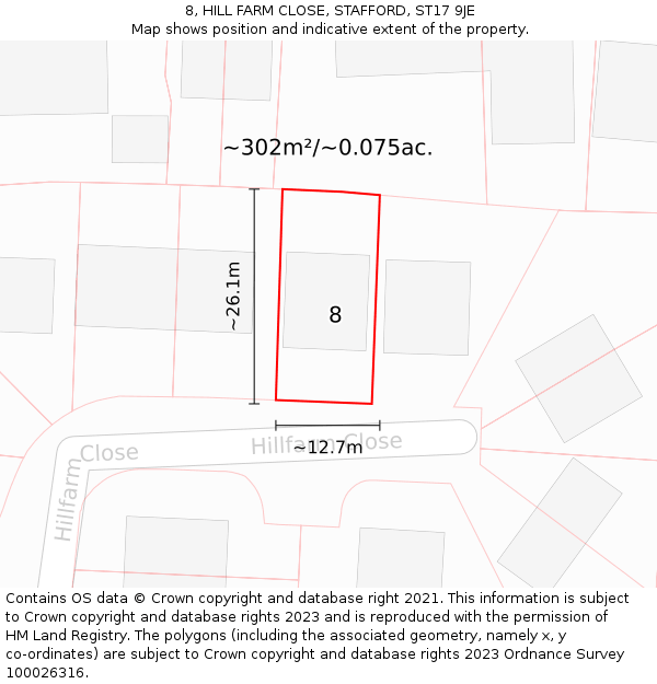 8, HILL FARM CLOSE, STAFFORD, ST17 9JE: Plot and title map