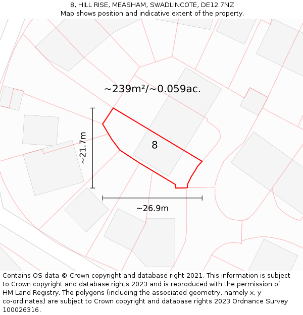 8, HILL RISE, MEASHAM, SWADLINCOTE, DE12 7NZ: Plot and title map