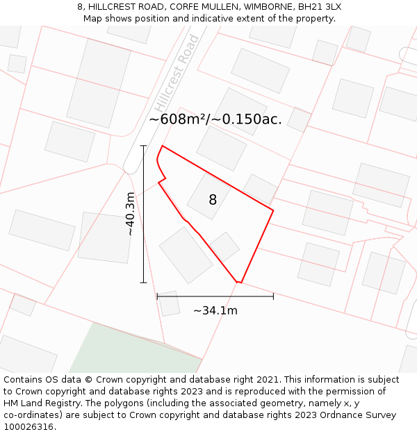 8, HILLCREST ROAD, CORFE MULLEN, WIMBORNE, BH21 3LX: Plot and title map