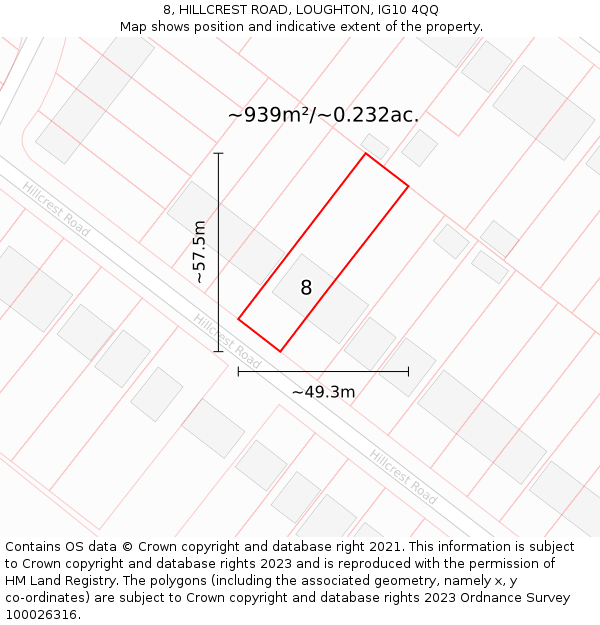 8, HILLCREST ROAD, LOUGHTON, IG10 4QQ: Plot and title map