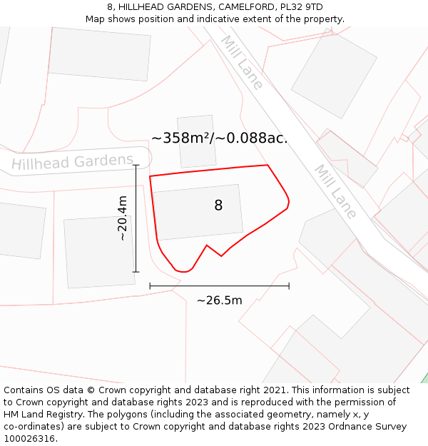 8, HILLHEAD GARDENS, CAMELFORD, PL32 9TD: Plot and title map