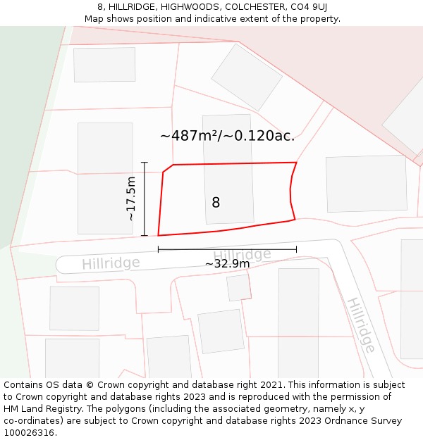 8, HILLRIDGE, HIGHWOODS, COLCHESTER, CO4 9UJ: Plot and title map
