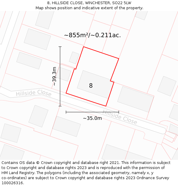 8, HILLSIDE CLOSE, WINCHESTER, SO22 5LW: Plot and title map