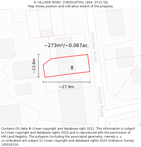 8, HILLSIDE ROAD, CHEDDLETON, LEEK, ST13 7JQ: Plot and title map