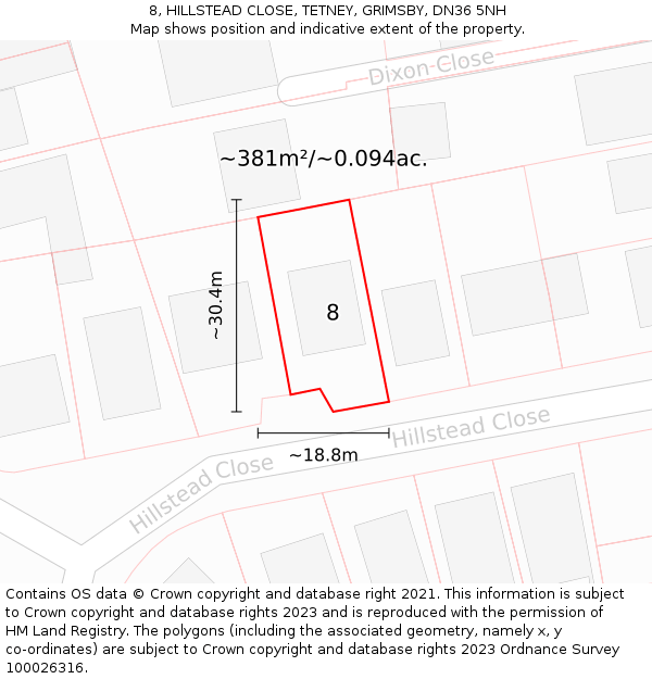 8, HILLSTEAD CLOSE, TETNEY, GRIMSBY, DN36 5NH: Plot and title map