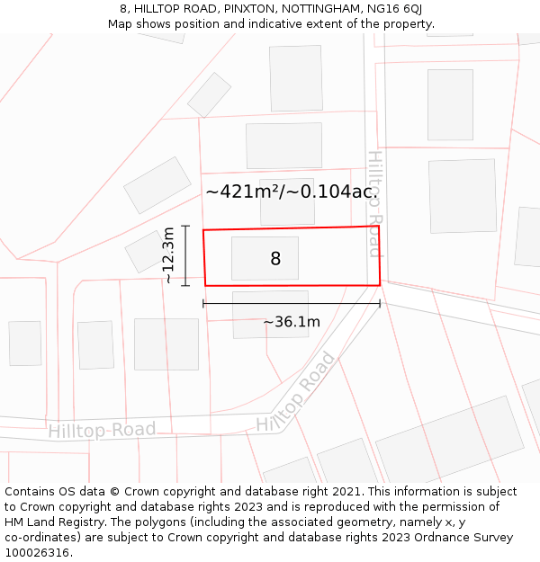 8, HILLTOP ROAD, PINXTON, NOTTINGHAM, NG16 6QJ: Plot and title map
