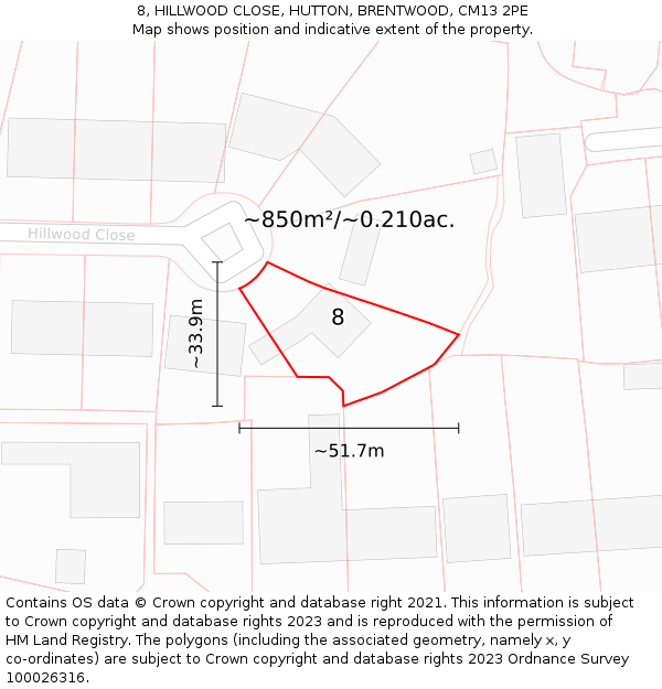 8, HILLWOOD CLOSE, HUTTON, BRENTWOOD, CM13 2PE: Plot and title map