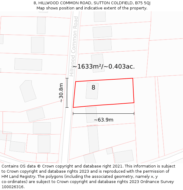 8, HILLWOOD COMMON ROAD, SUTTON COLDFIELD, B75 5QJ: Plot and title map