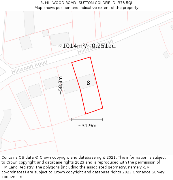 8, HILLWOOD ROAD, SUTTON COLDFIELD, B75 5QL: Plot and title map