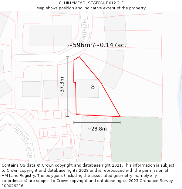 8, HILLYMEAD, SEATON, EX12 2LF: Plot and title map