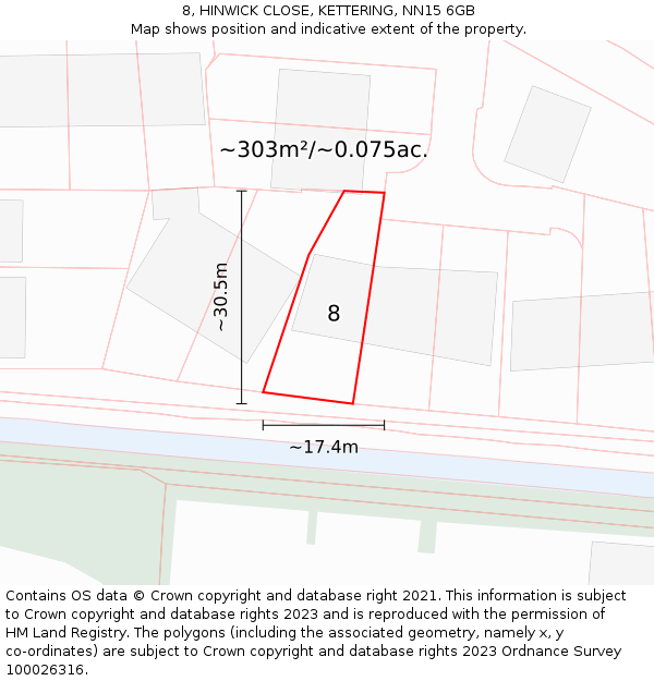 8, HINWICK CLOSE, KETTERING, NN15 6GB: Plot and title map