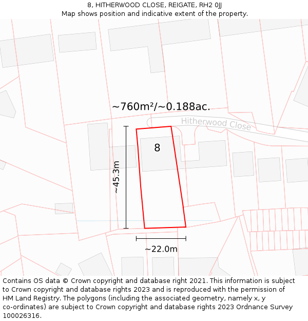 8, HITHERWOOD CLOSE, REIGATE, RH2 0JJ: Plot and title map