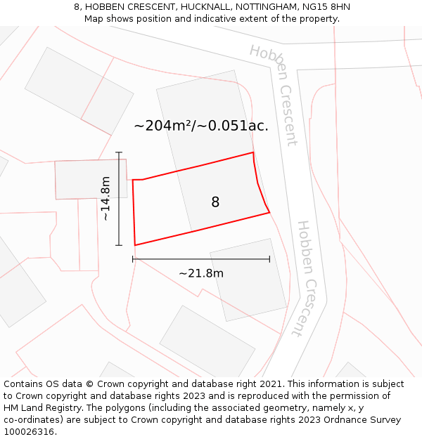 8, HOBBEN CRESCENT, HUCKNALL, NOTTINGHAM, NG15 8HN: Plot and title map