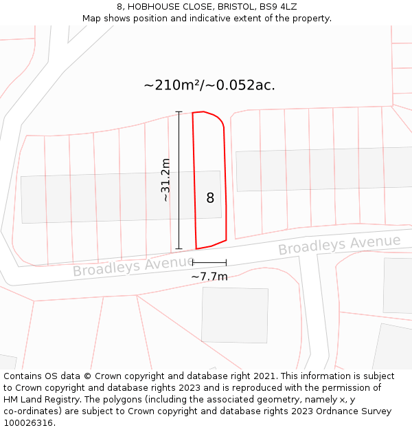 8, HOBHOUSE CLOSE, BRISTOL, BS9 4LZ: Plot and title map