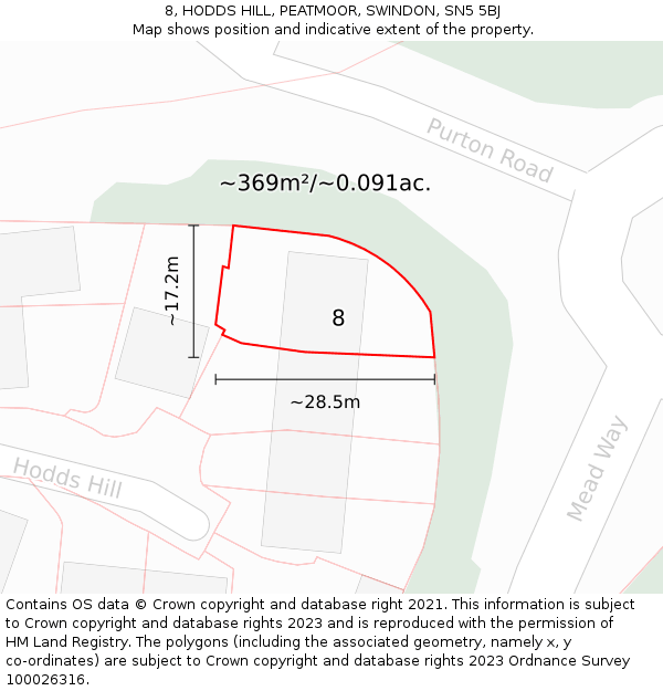8, HODDS HILL, PEATMOOR, SWINDON, SN5 5BJ: Plot and title map