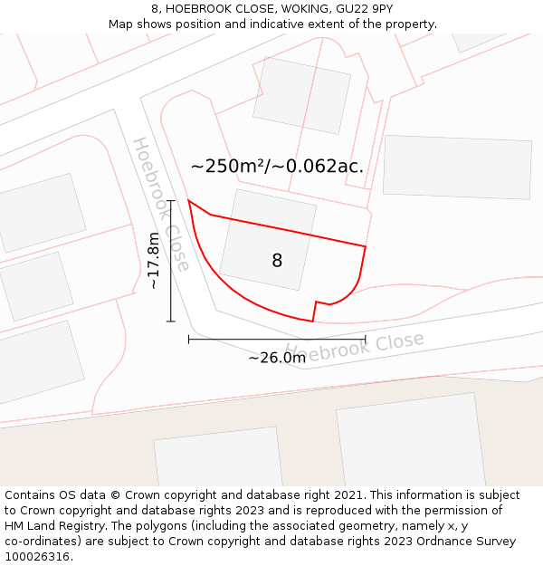 8, HOEBROOK CLOSE, WOKING, GU22 9PY: Plot and title map