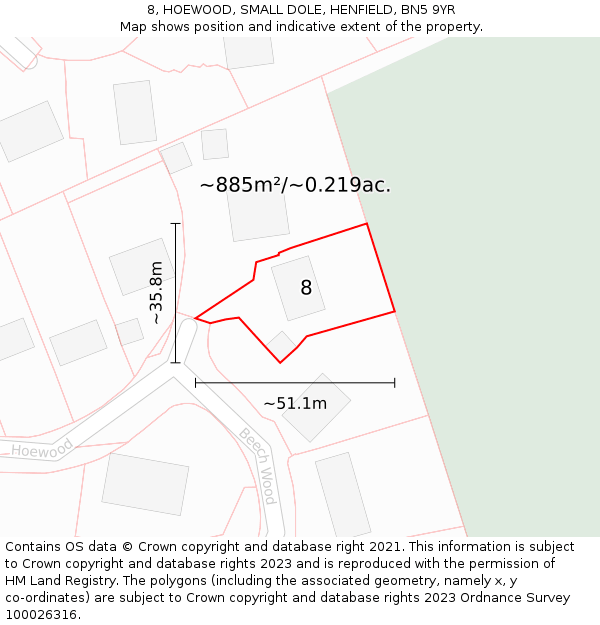 8, HOEWOOD, SMALL DOLE, HENFIELD, BN5 9YR: Plot and title map