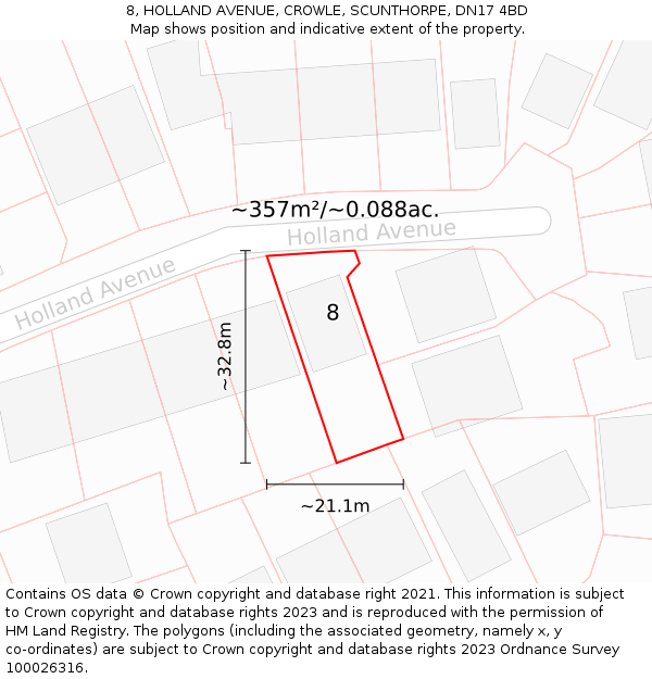 8, HOLLAND AVENUE, CROWLE, SCUNTHORPE, DN17 4BD: Plot and title map