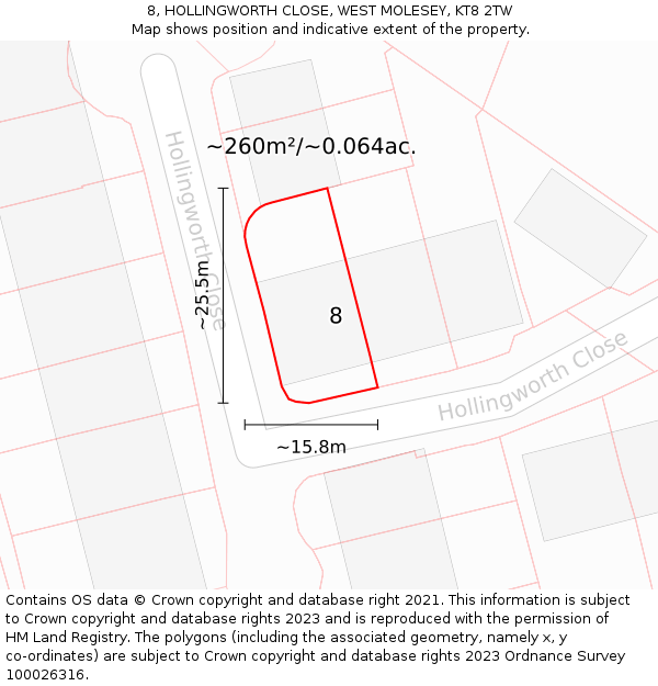 8, HOLLINGWORTH CLOSE, WEST MOLESEY, KT8 2TW: Plot and title map