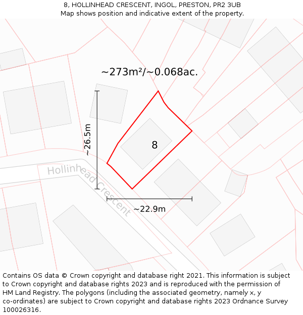 8, HOLLINHEAD CRESCENT, INGOL, PRESTON, PR2 3UB: Plot and title map