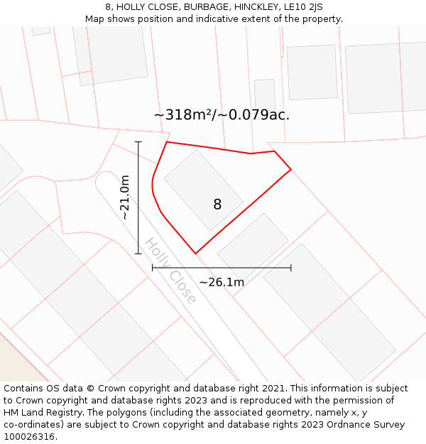 8, HOLLY CLOSE, BURBAGE, HINCKLEY, LE10 2JS: Plot and title map