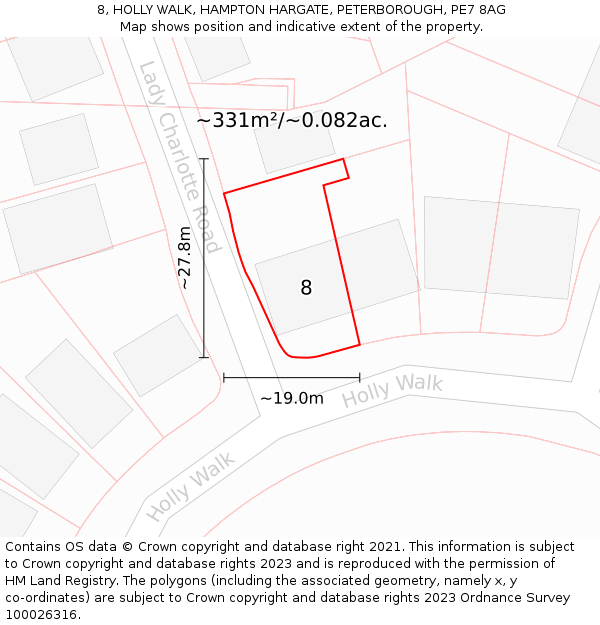 8, HOLLY WALK, HAMPTON HARGATE, PETERBOROUGH, PE7 8AG: Plot and title map