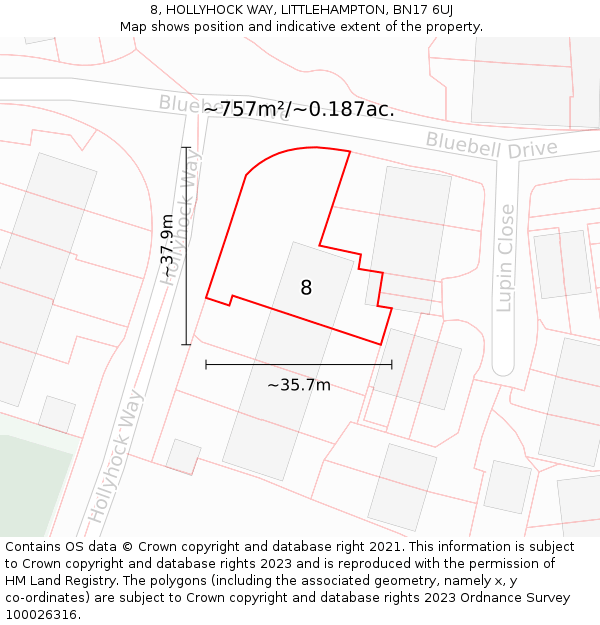 8, HOLLYHOCK WAY, LITTLEHAMPTON, BN17 6UJ: Plot and title map