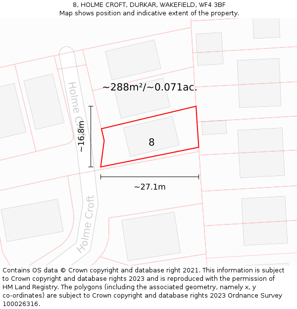 8, HOLME CROFT, DURKAR, WAKEFIELD, WF4 3BF: Plot and title map