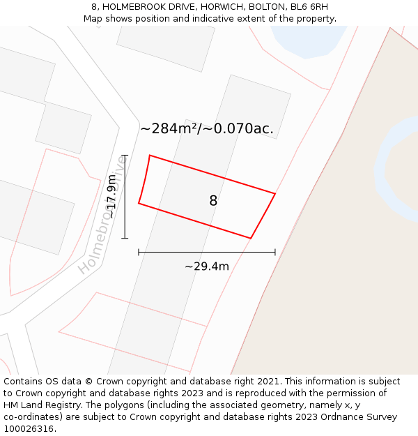 8, HOLMEBROOK DRIVE, HORWICH, BOLTON, BL6 6RH: Plot and title map