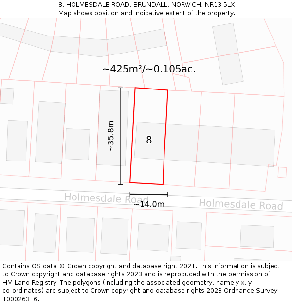 8, HOLMESDALE ROAD, BRUNDALL, NORWICH, NR13 5LX: Plot and title map