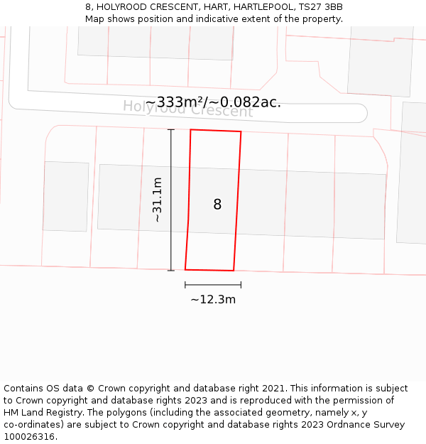 8, HOLYROOD CRESCENT, HART, HARTLEPOOL, TS27 3BB: Plot and title map