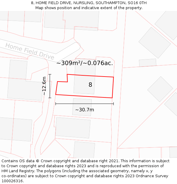 8, HOME FIELD DRIVE, NURSLING, SOUTHAMPTON, SO16 0TH: Plot and title map