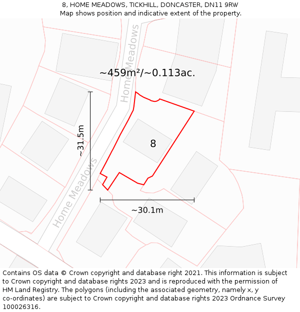 8, HOME MEADOWS, TICKHILL, DONCASTER, DN11 9RW: Plot and title map