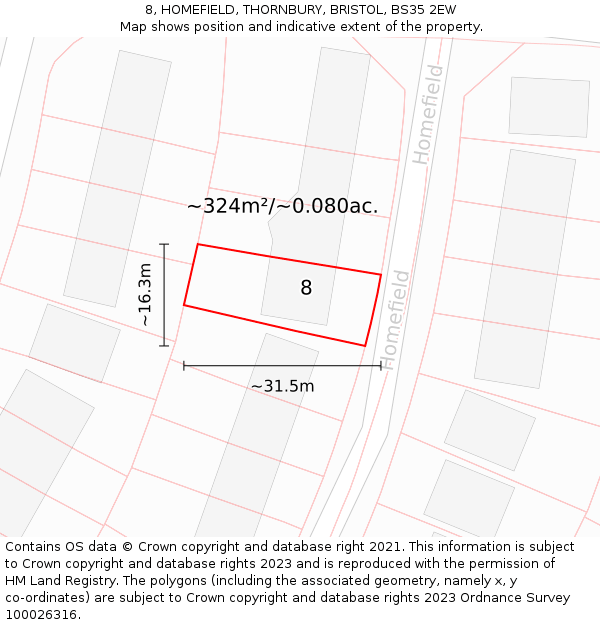 8, HOMEFIELD, THORNBURY, BRISTOL, BS35 2EW: Plot and title map