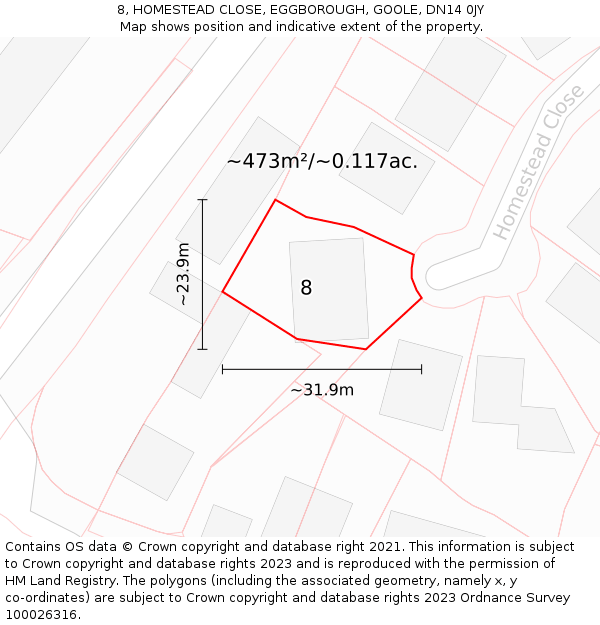 8, HOMESTEAD CLOSE, EGGBOROUGH, GOOLE, DN14 0JY: Plot and title map