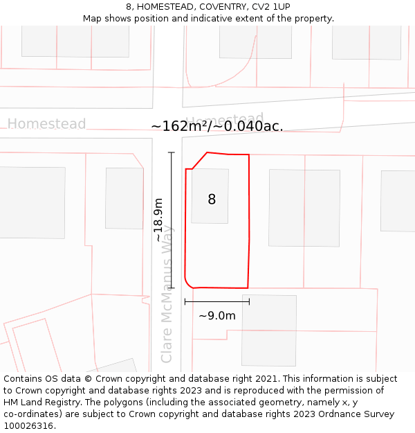 8, HOMESTEAD, COVENTRY, CV2 1UP: Plot and title map