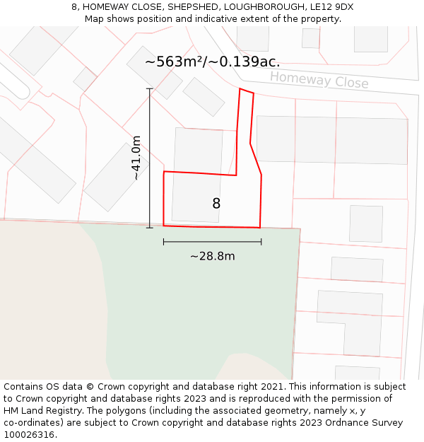 8, HOMEWAY CLOSE, SHEPSHED, LOUGHBOROUGH, LE12 9DX: Plot and title map