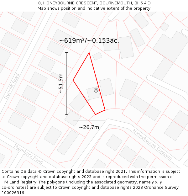 8, HONEYBOURNE CRESCENT, BOURNEMOUTH, BH6 4JD: Plot and title map