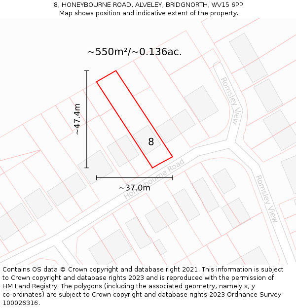 8, HONEYBOURNE ROAD, ALVELEY, BRIDGNORTH, WV15 6PP: Plot and title map