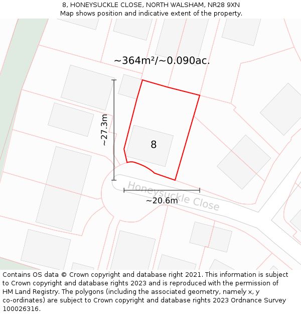 8, HONEYSUCKLE CLOSE, NORTH WALSHAM, NR28 9XN: Plot and title map