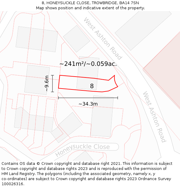 8, HONEYSUCKLE CLOSE, TROWBRIDGE, BA14 7SN: Plot and title map