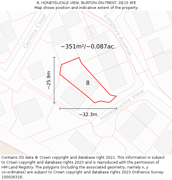 8, HONEYSUCKLE VIEW, BURTON-ON-TRENT, DE15 9FE: Plot and title map