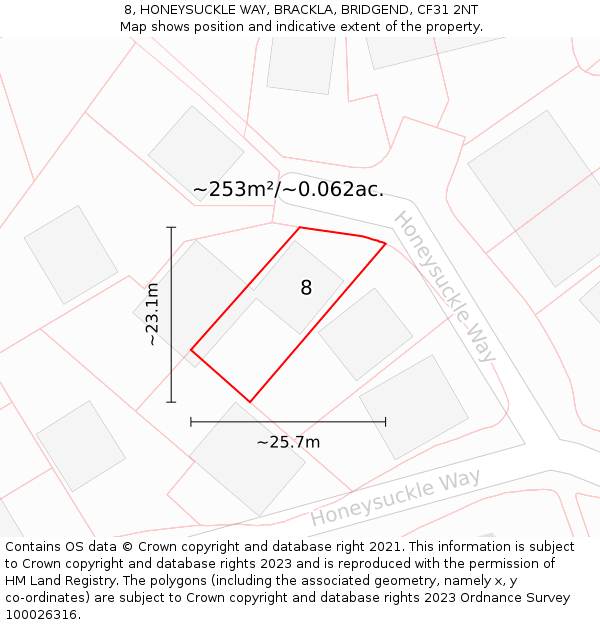 8, HONEYSUCKLE WAY, BRACKLA, BRIDGEND, CF31 2NT: Plot and title map