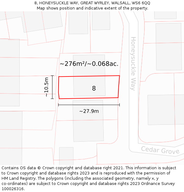 8, HONEYSUCKLE WAY, GREAT WYRLEY, WALSALL, WS6 6QQ: Plot and title map